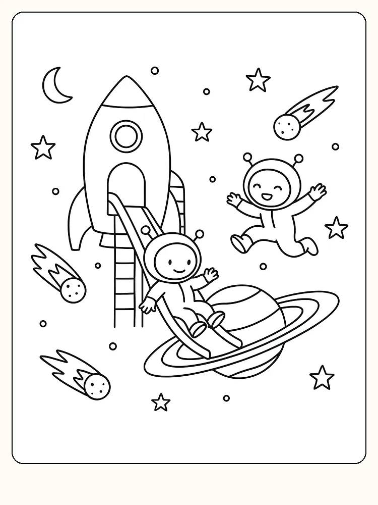 Farvelægning af et glad barn som astronaut med raket og stjerner i rummet