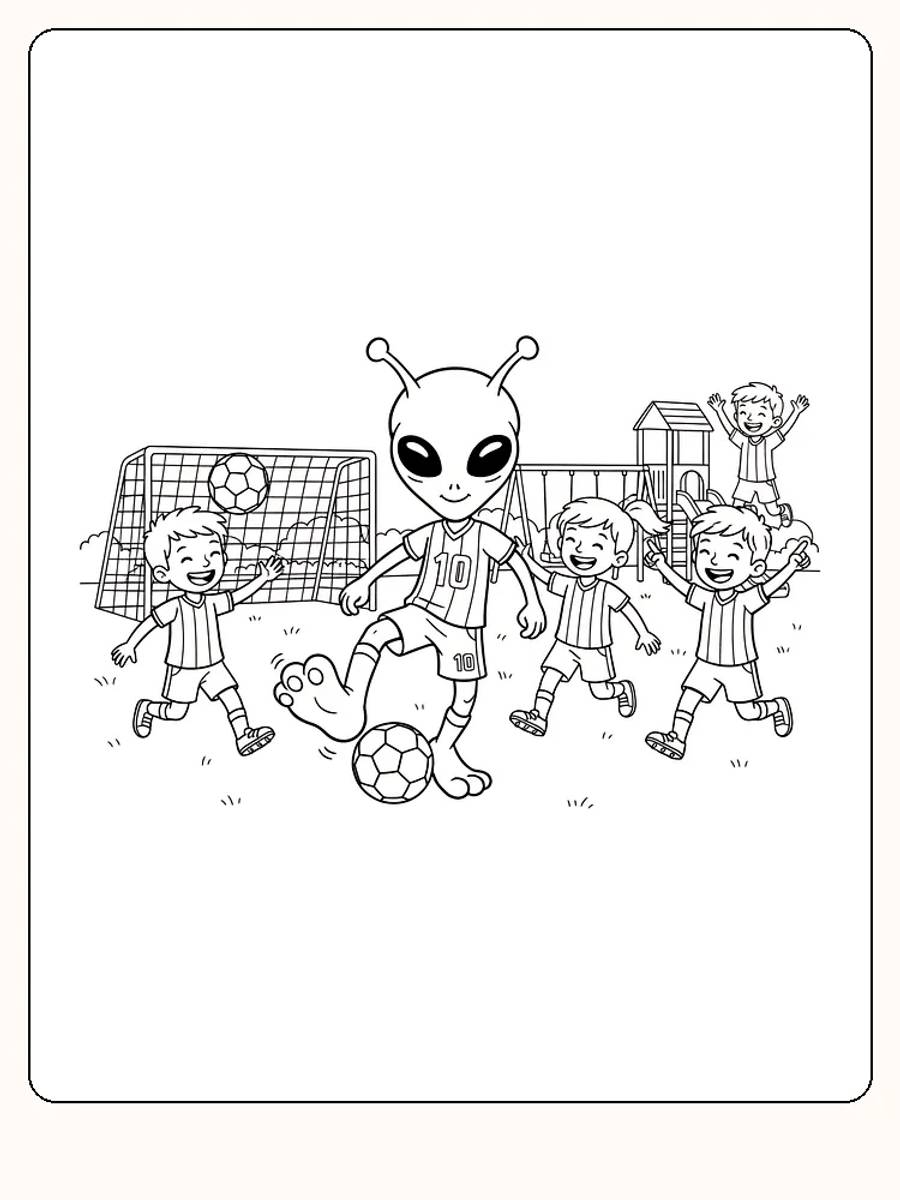 Tegning til farvelægning af en alien, der spiller fodbold med børn på en legeplads