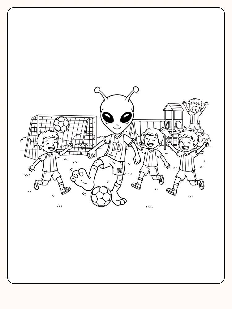 Tegning til farvelægning af en alien, der spiller fodbold med børn på en legeplads