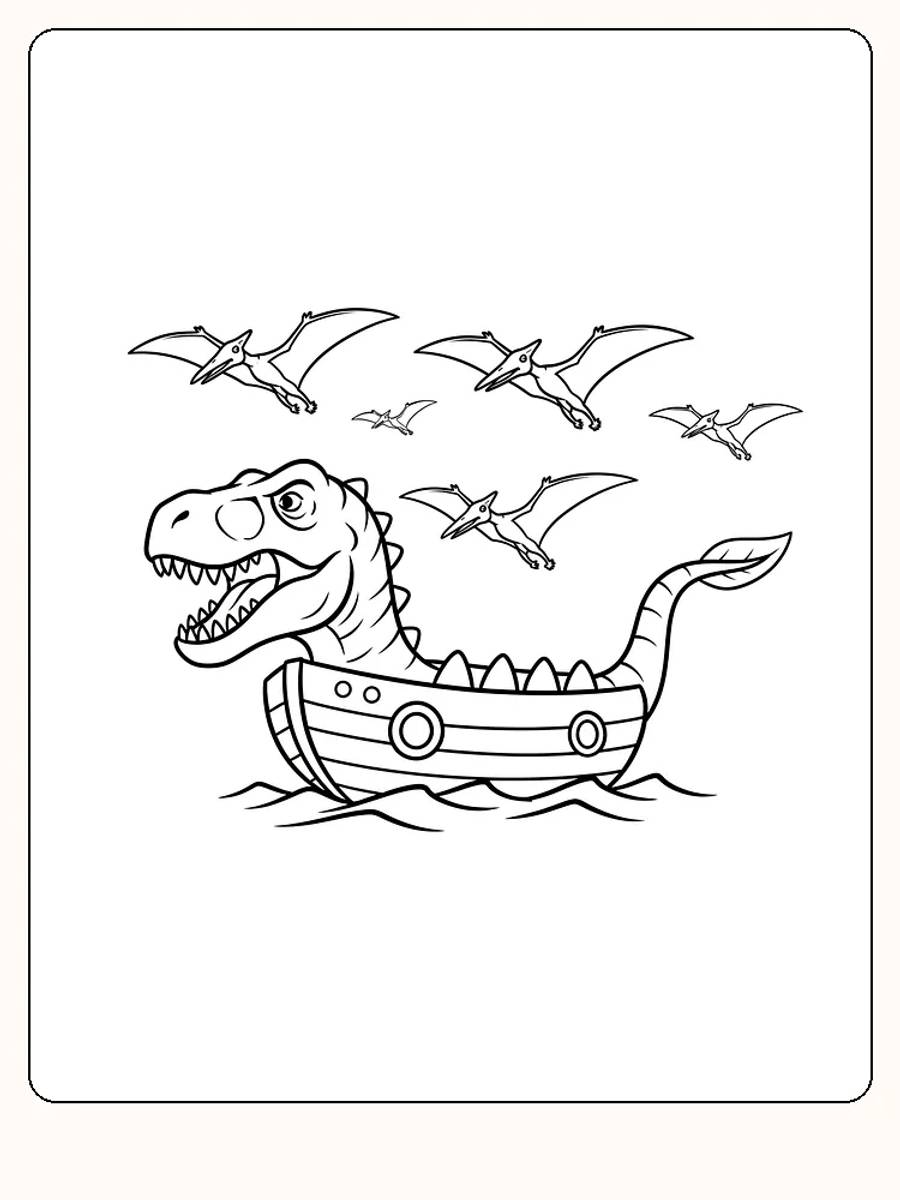 Ausmalbild eines drachenförmigen Bootes mit fliegenden Dinosauriern darüber, bereit zum Ausdrucken.