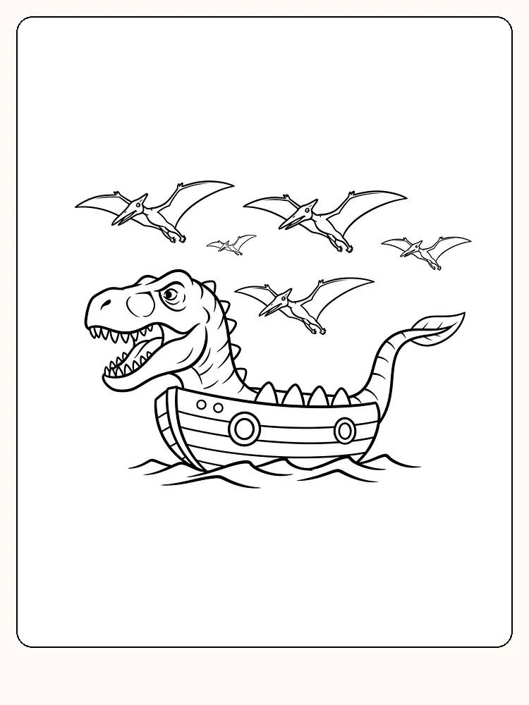 Ausmalbild eines drachenförmigen Bootes mit fliegenden Dinosauriern darüber, bereit zum Ausdrucken.