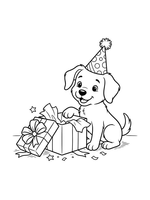 Chien d'anniversaire avec un chapeau de fête et un cadeau