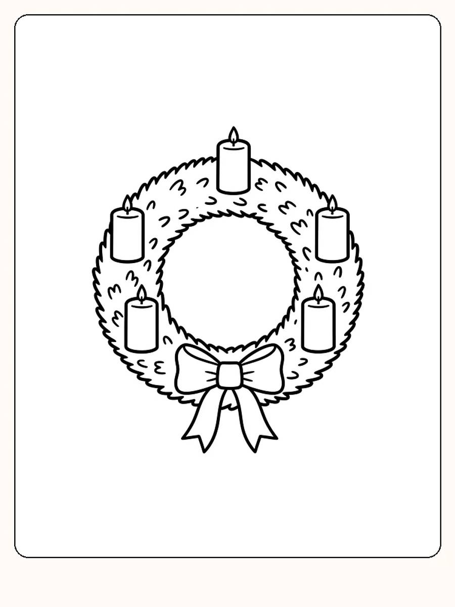 Tegning til farvelægning af en adventskrans med fem lys og sløjfe, klar til print