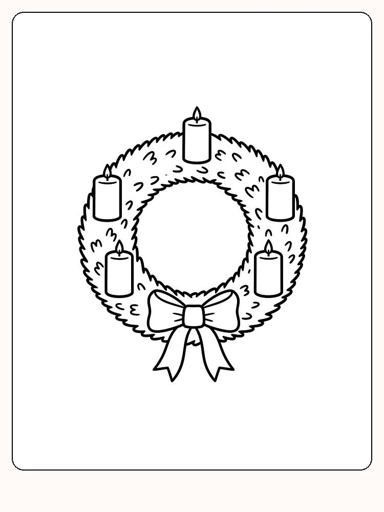 Tegning til farvelægning af en adventskrans med fem lys og sløjfe, klar til print