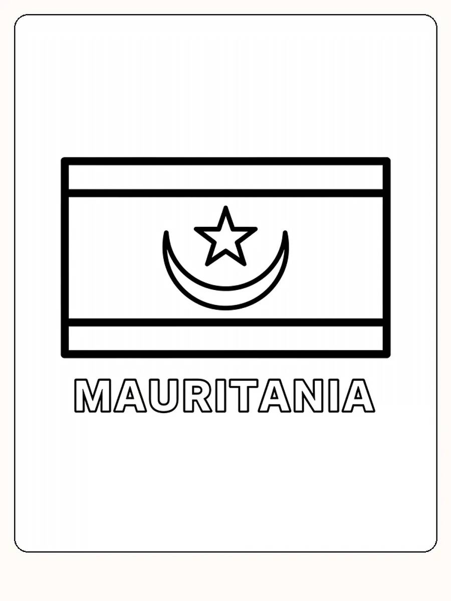 Die Flagge von Mauretanien mit einem grünen Stern und einer Halbmond auf gelbem Hintergrund, bereit zum Ausmalen.