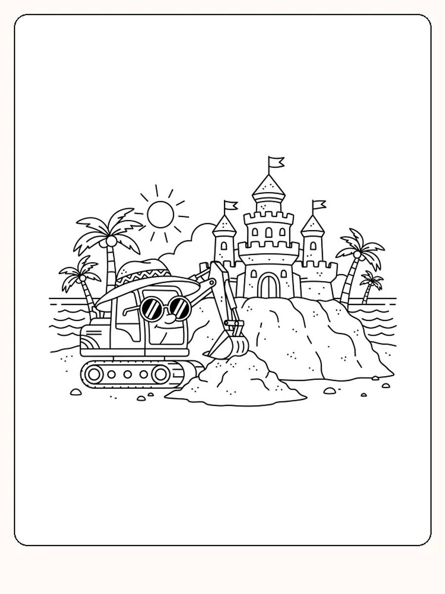Tegning til farvelægning af en gravemaskine, der bygger et sandslot på stranden. Perfekt til print og farvelægning