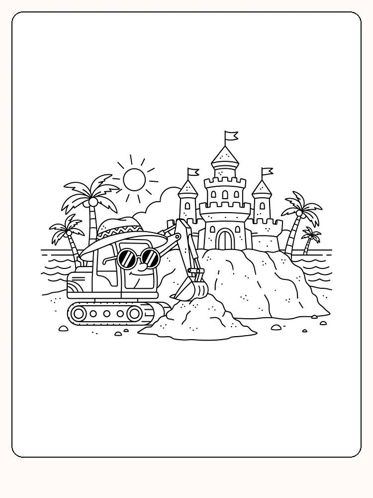 Tegning til farvelægning af en gravemaskine, der bygger et sandslot på stranden. Perfekt til print og farvelægning