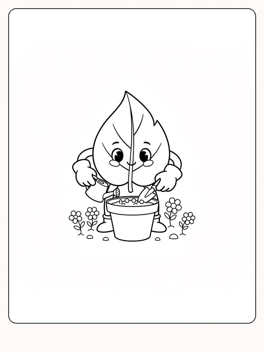 Fargeleggingstegning av en smilende bladfigur som planter blomster, klar for utskrift