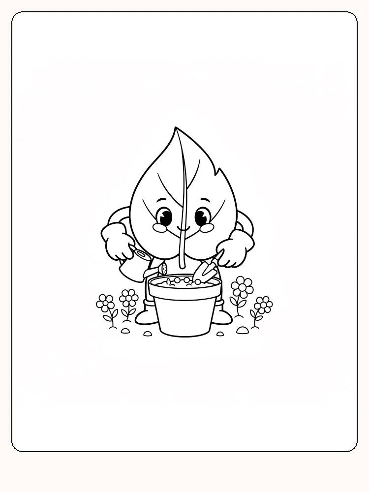 Fargeleggingstegning av en smilende bladfigur som planter blomster, klar for utskrift