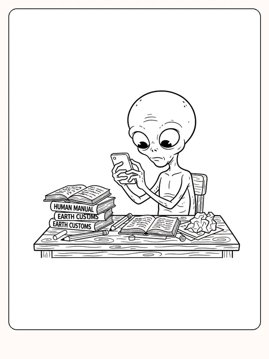 Tegning til farvelægning af en alien, der læser bøger om jordens skikke og kigger på mobilen