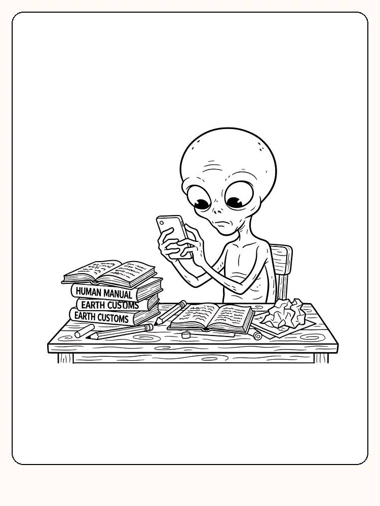 Tegning til farvelægning af en alien, der læser bøger om jordens skikke og kigger på mobilen