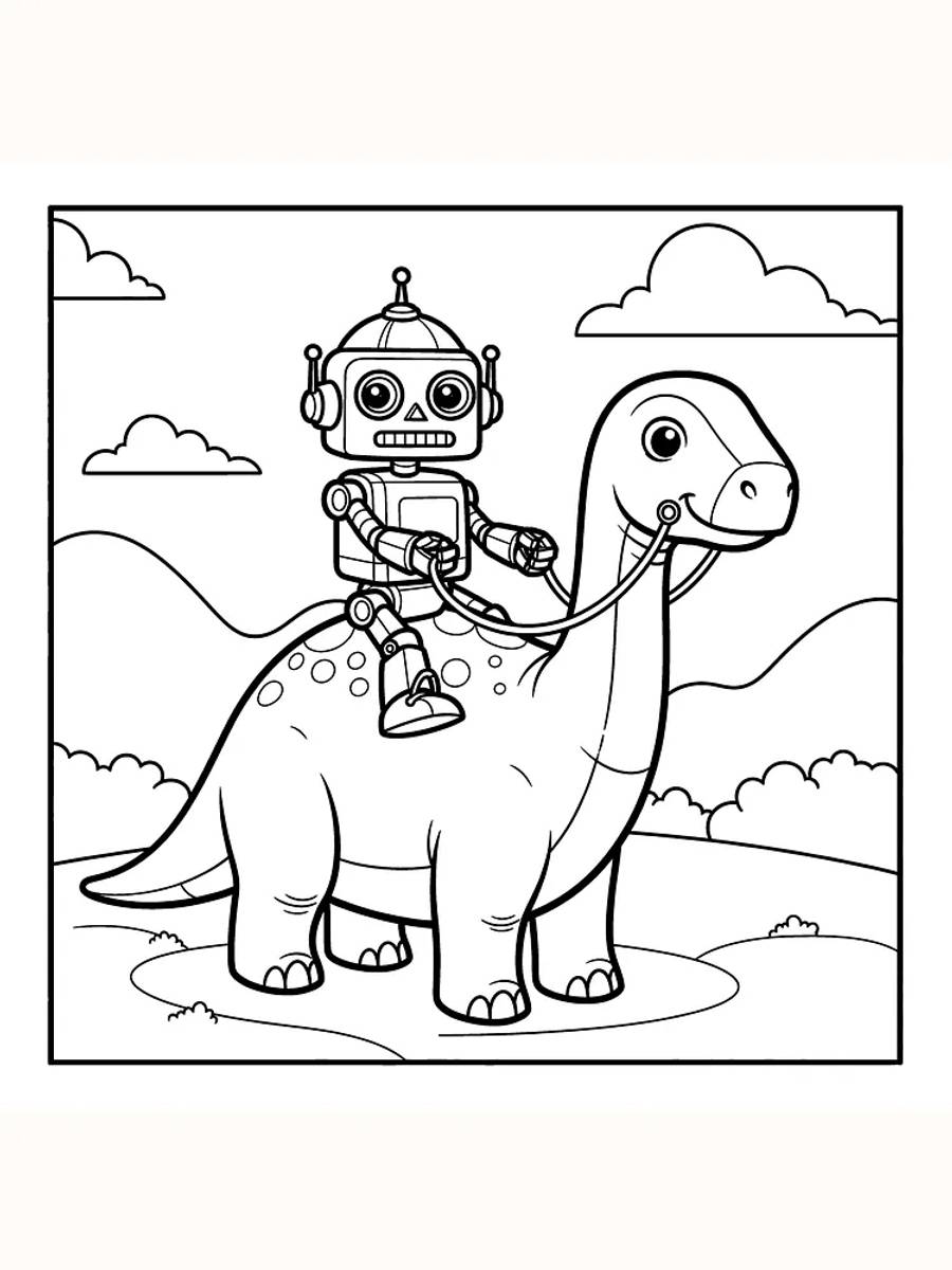 Tegning til farvelægning af en robot, der rider på en dinosaur med store øjne, klar til print