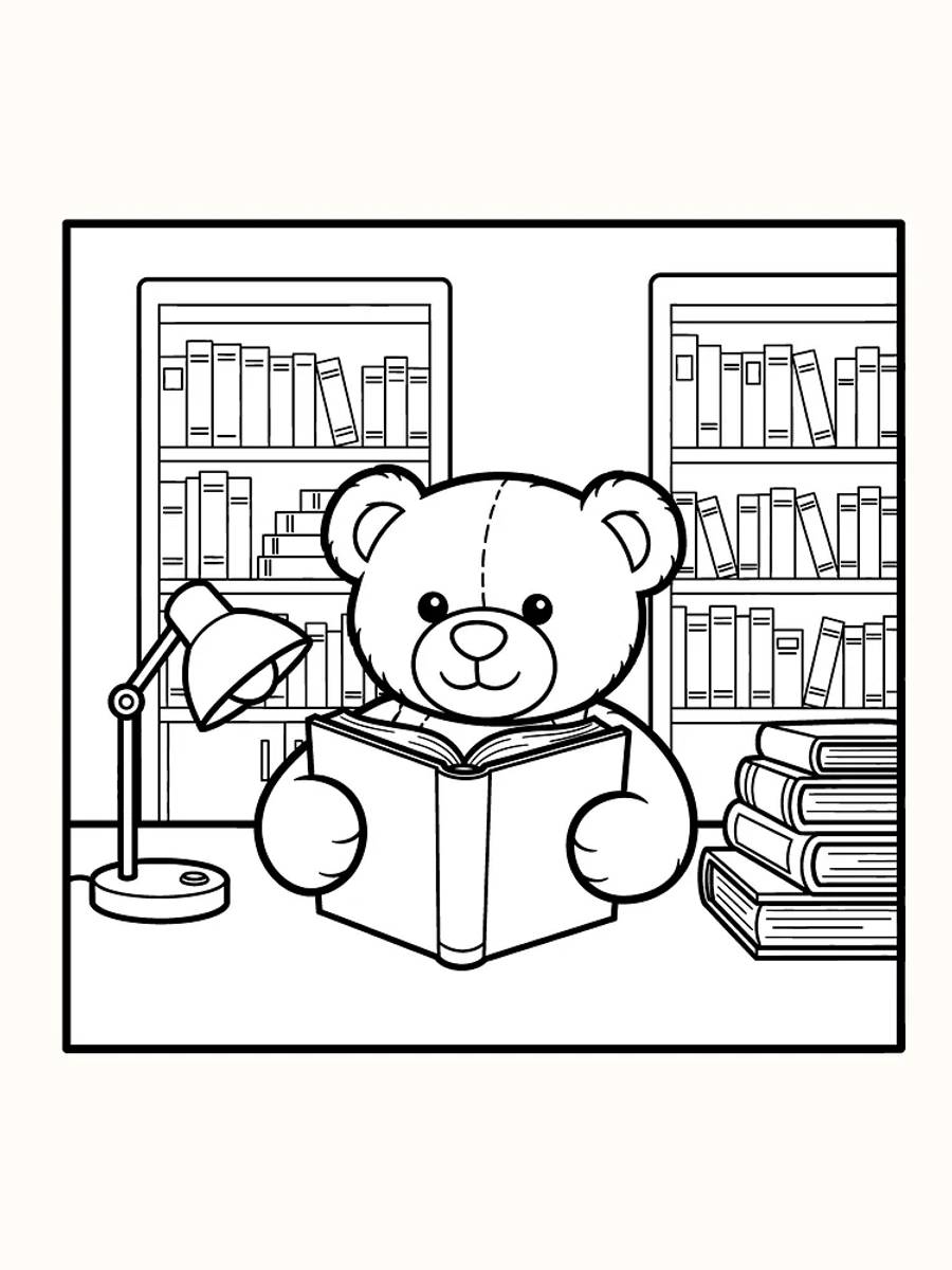 Ausmalbild eines plüschigen Bären, der in einer Bibliothek ein Buch liest.