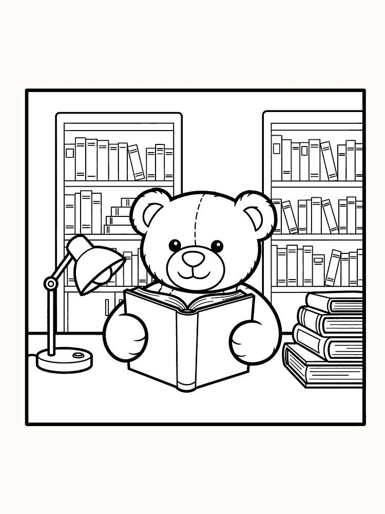 Ausmalbild eines plüschigen Bären, der in einer Bibliothek ein Buch liest.