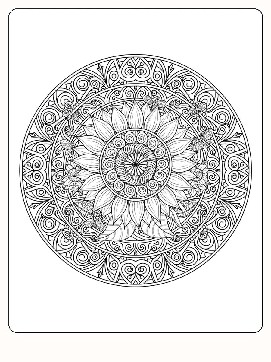 Ausmalbild einer Mandala mit einer Sonnenblume, umgeben von Schmetterlingen und detaillierten Mustern.