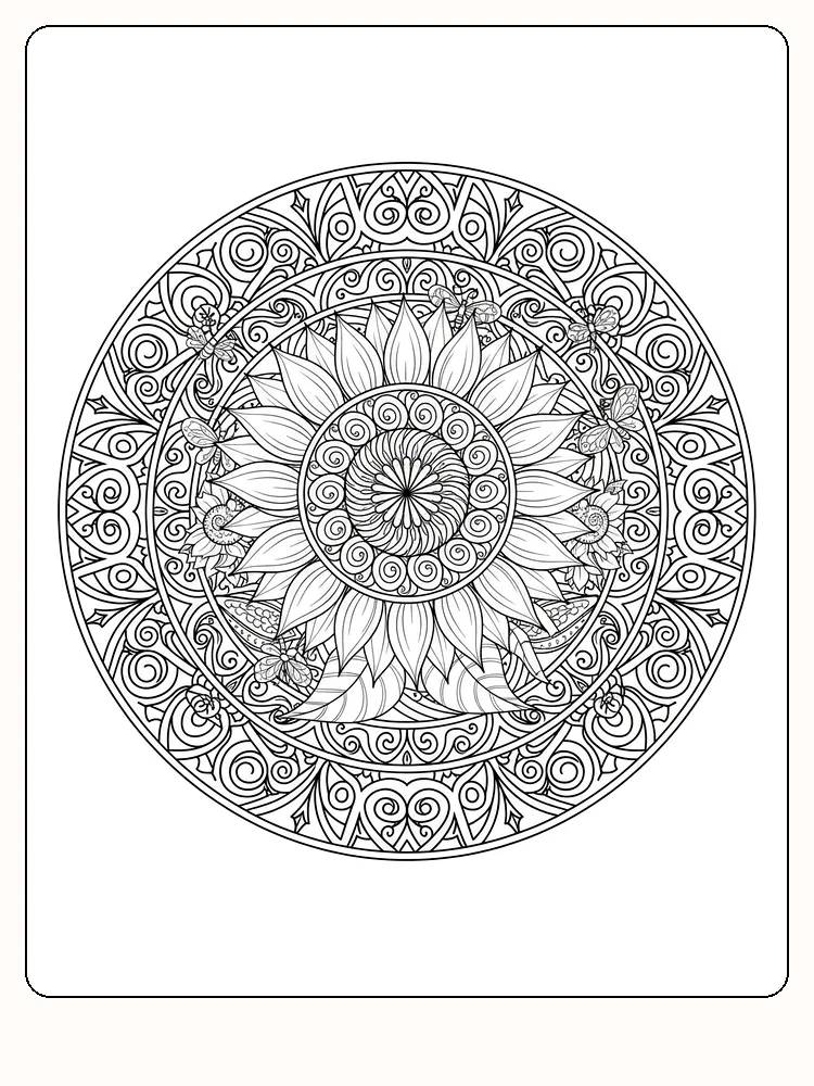 Ausmalbild einer Mandala mit einer Sonnenblume, umgeben von Schmetterlingen und detaillierten Mustern.