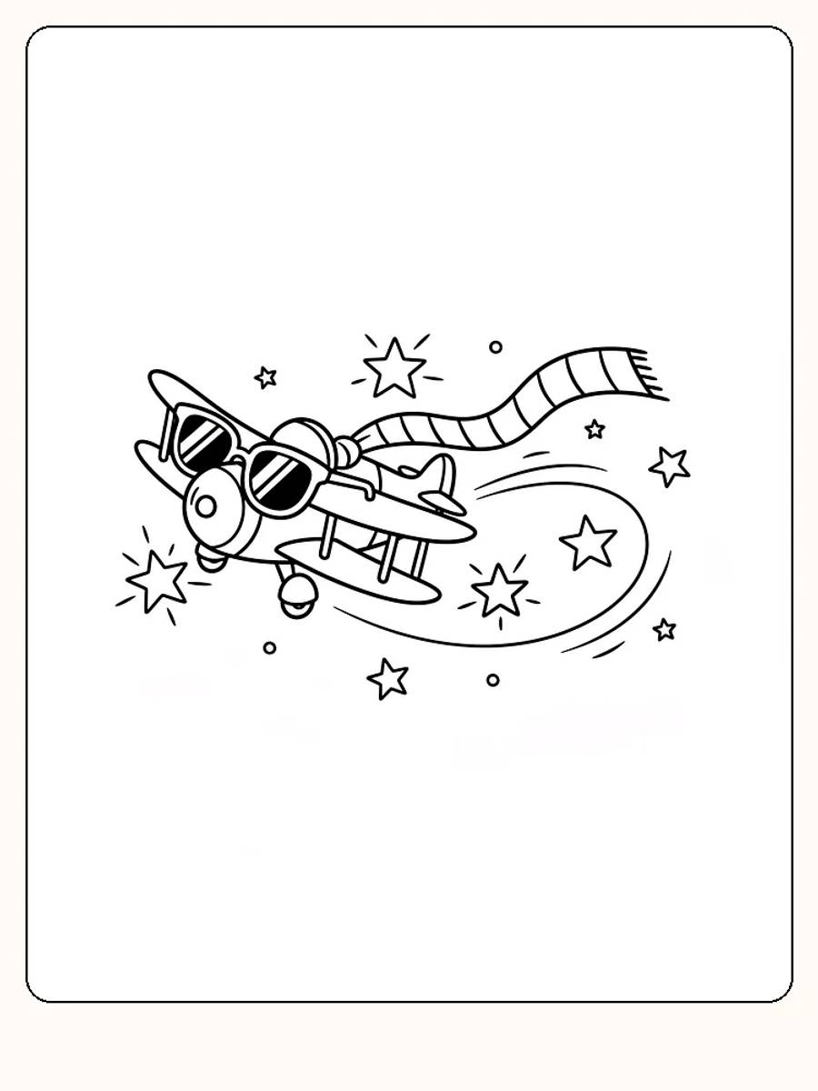 Målarbild av ett fly med solglasögon och scarf bland stjärnor, klart för utskrift.
