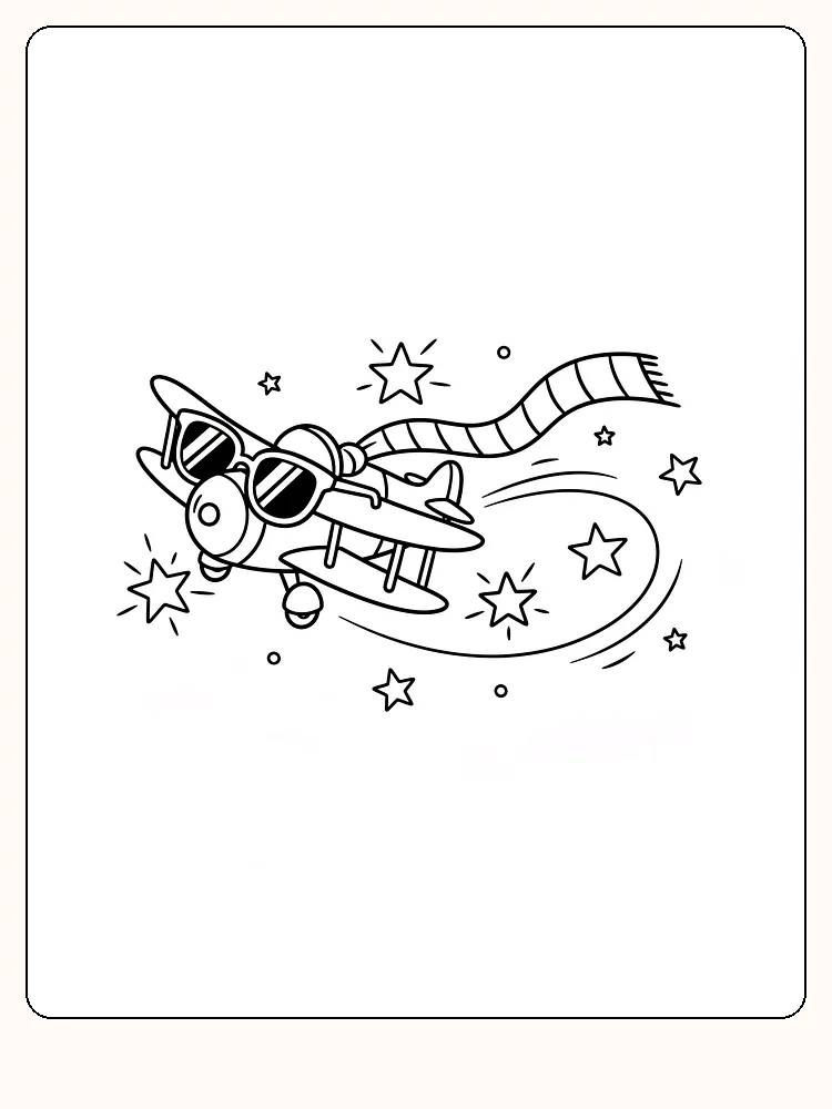 Målarbild av ett fly med solglasögon och scarf bland stjärnor, klart för utskrift.