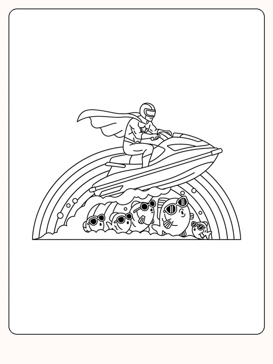 Ausmalbild eines Superhelden auf einem Wasserroller über einem Regenbogen mit Fischen.