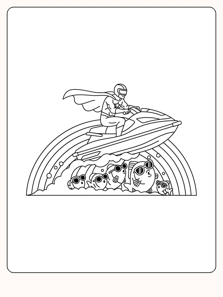 Ausmalbild eines Superhelden auf einem Wasserroller über einem Regenbogen mit Fischen.