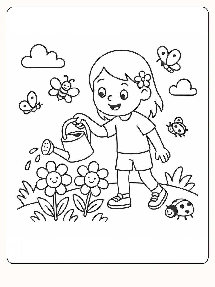 Fargeleggingstegning av et barn som vanner glade blomster i hagen, omgitt av sommerfugler