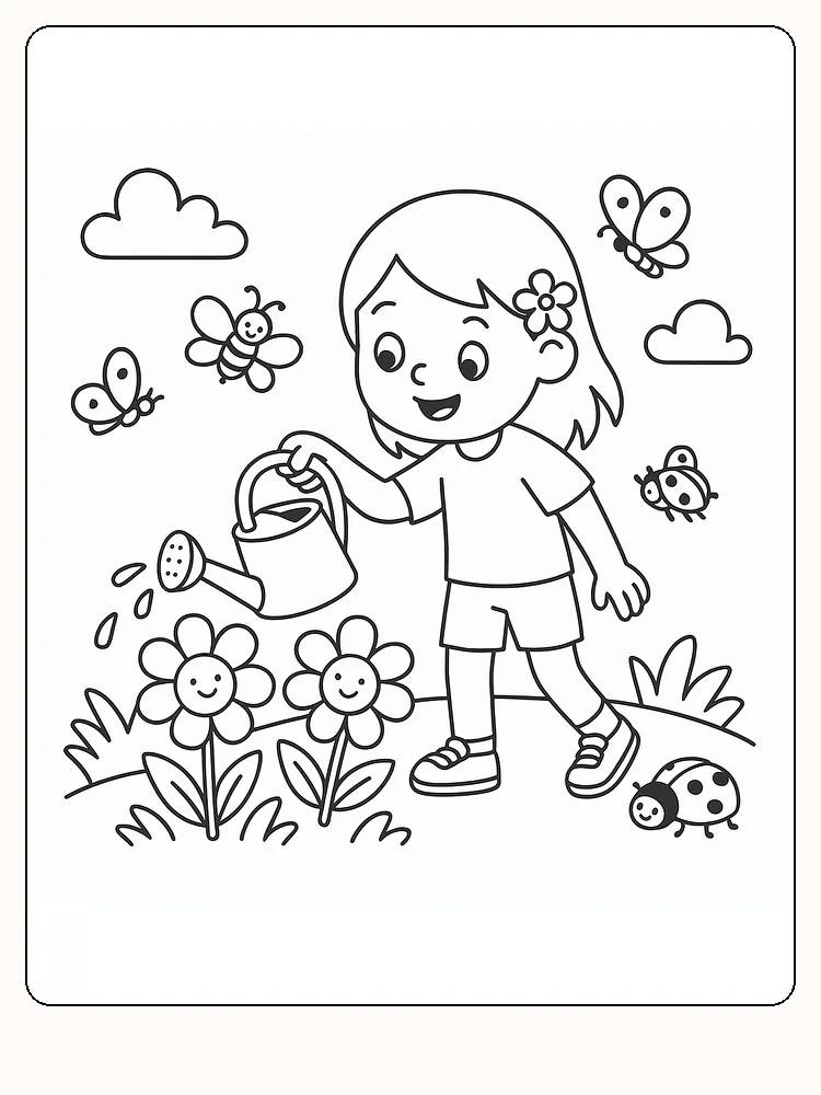 Fargeleggingstegning av et barn som vanner glade blomster i hagen, omgitt av sommerfugler