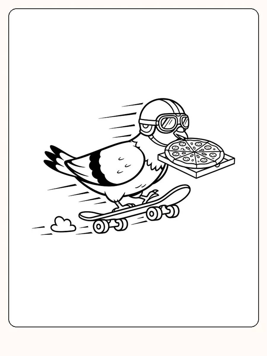 Fargeleggingsbilde av en due som leverer pizza mens den står på et skateboard
