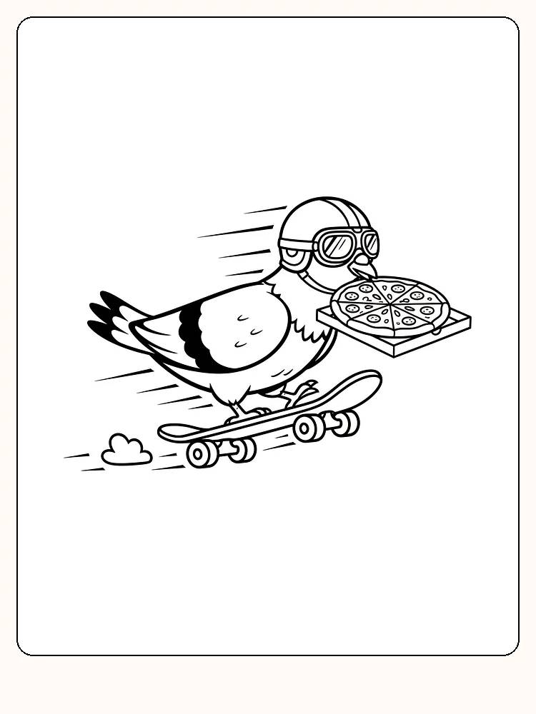 Fargeleggingsbilde av en due som leverer pizza mens den står på et skateboard