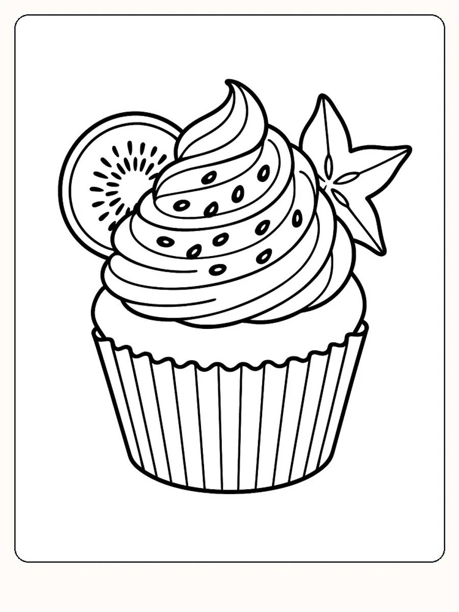 Fargeleggingsbilde av cupcake med krem, kiwi og stjernefrukt til utskrift
