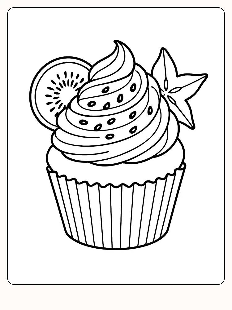 Fargeleggingsbilde av cupcake med krem, kiwi og stjernefrukt til utskrift