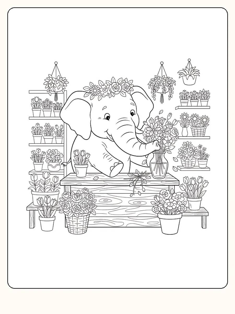 Fargeleggingstegning av en elefant i en blomsterbutikk full av blomster, klar for utskrift