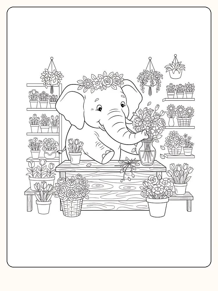 Fargeleggingstegning av en elefant i en blomsterbutikk full av blomster, klar for utskrift