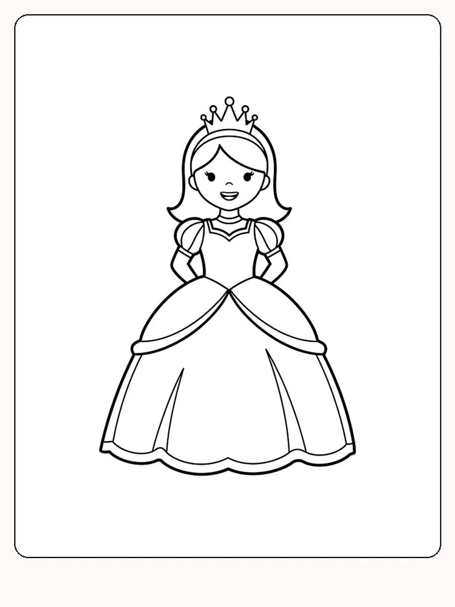 Fargeleggingstegning av prinsesse med krone og kjole, klar for utskrift