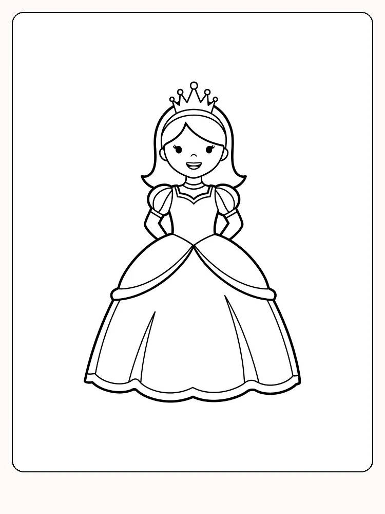 Fargeleggingstegning av prinsesse med krone og kjole, klar for utskrift