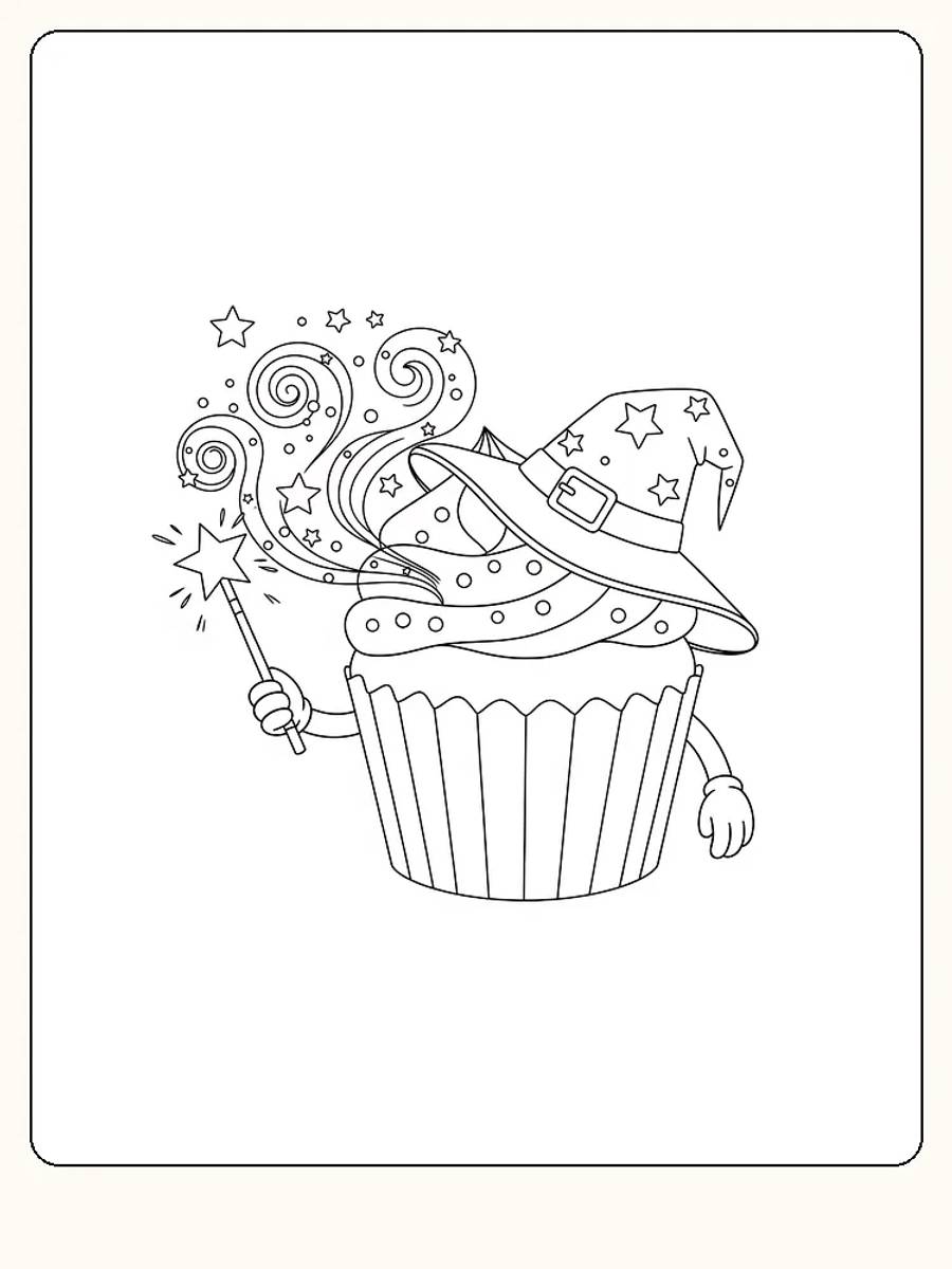 Fargelegg en magisk cupcake, pyntet med heksehatt, stjerner og tryllestav