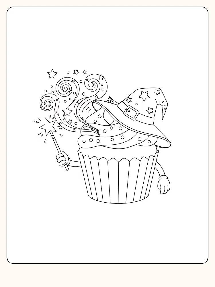 Fargelegg en magisk cupcake, pyntet med heksehatt, stjerner og tryllestav