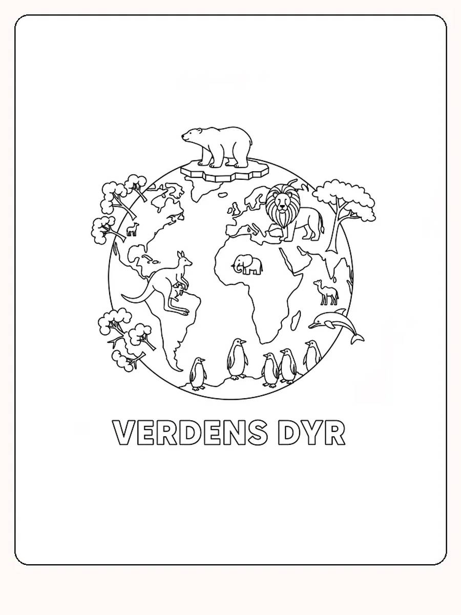 Fargeleggingsside med verdenskart hvor det er plassert forskjellige dyr fra ulike regioner