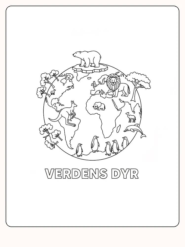 Fargeleggingsside med verdenskart hvor det er plassert forskjellige dyr fra ulike regioner