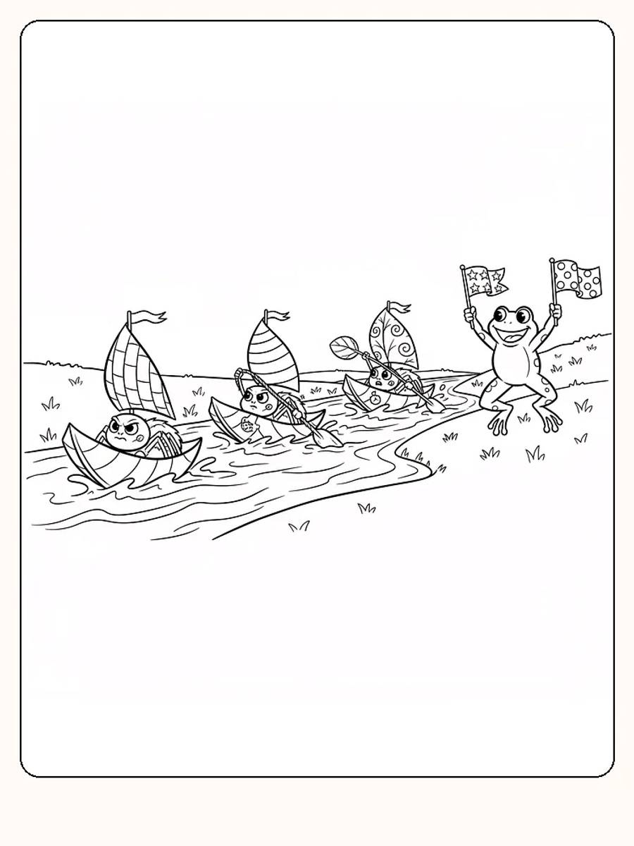 Tegning til farvelægning af en frø med flag og små både i et race, klar til print