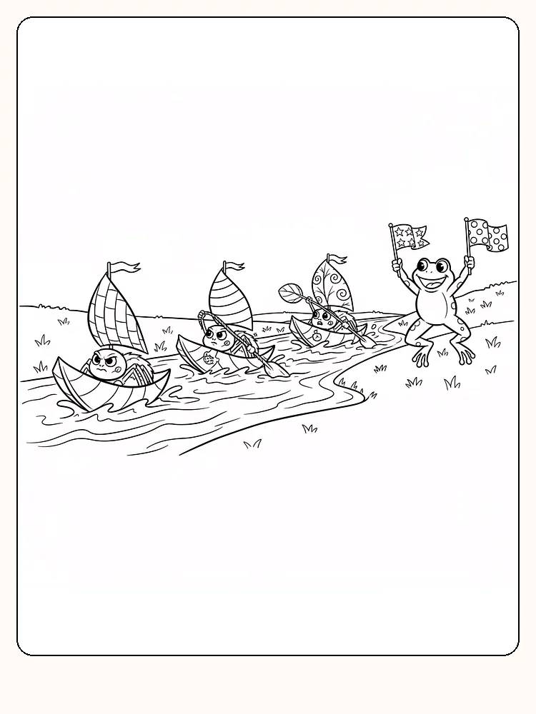 Tegning til farvelægning af en frø med flag og små både i et race, klar til print