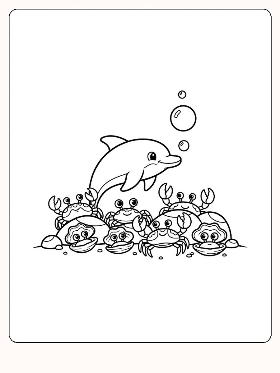 Tegning til farvelægning af en delfin, der svømmer over flere krabber med bobler, klar til download