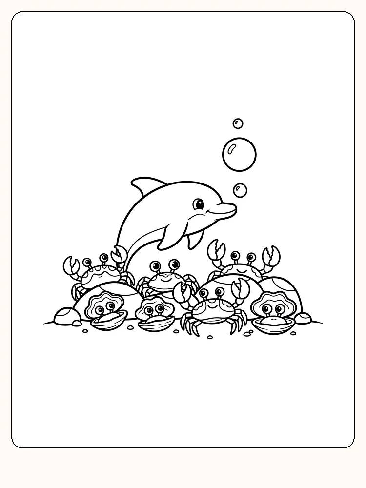 Tegning til farvelægning af en delfin, der svømmer over flere krabber med bobler, klar til download