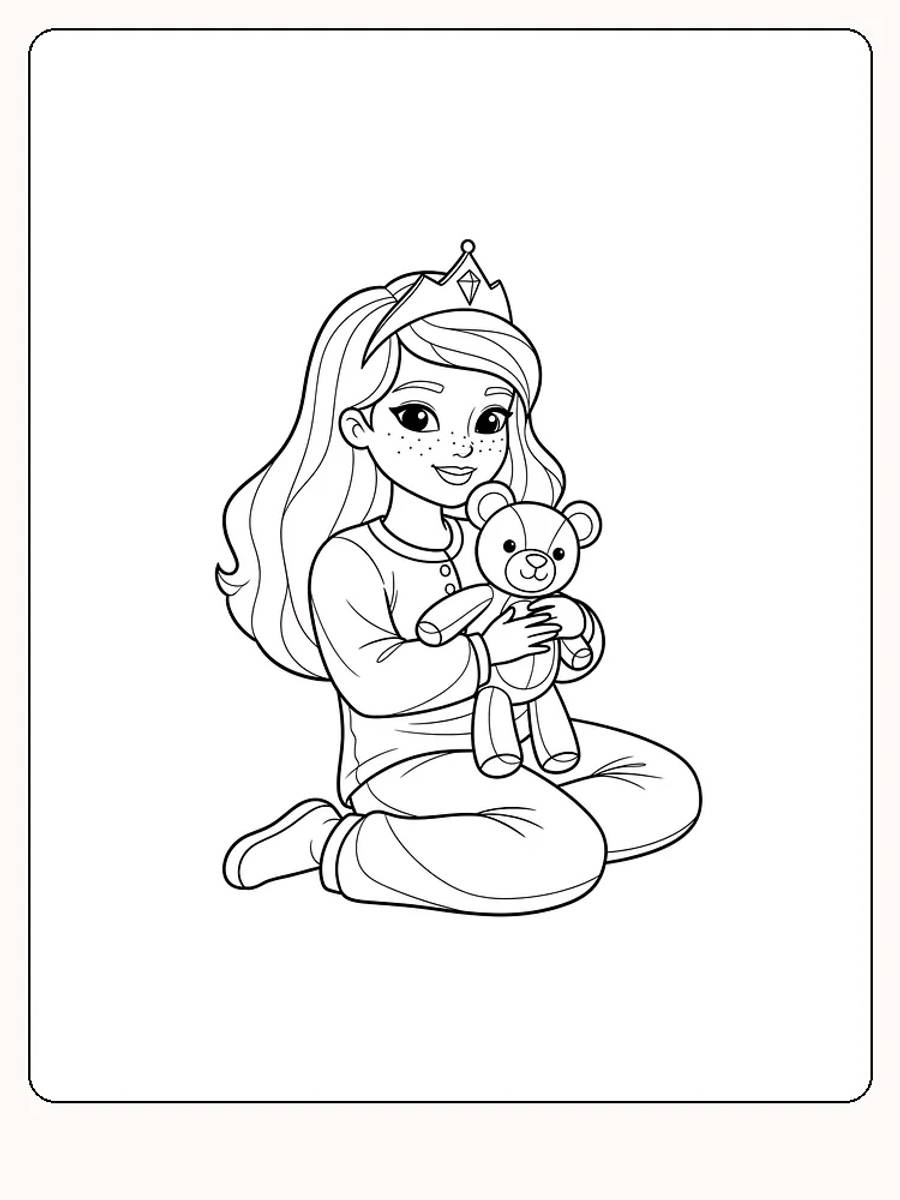 Fargeleggingstegning av prinsesse som sitter med en bamse, klar for utskrift