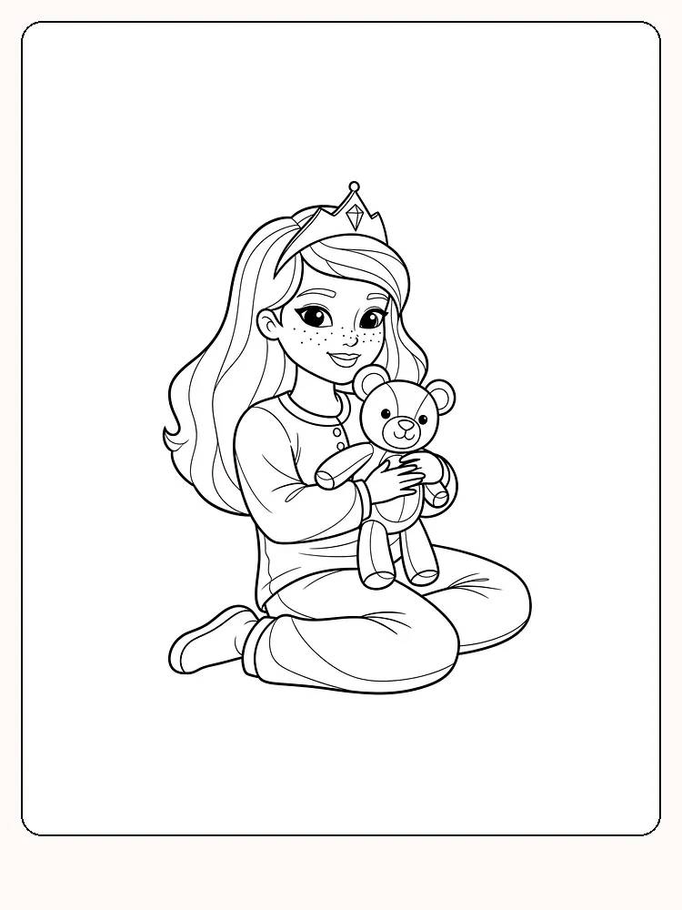 Fargeleggingstegning av prinsesse som sitter med en bamse, klar for utskrift