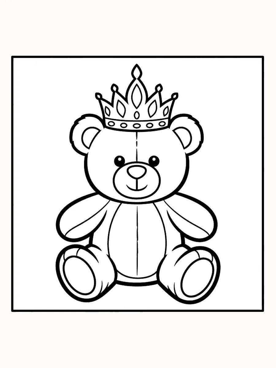 Ausmalbild eines Teddybären mit Krone, bereit zum Ausmalen
