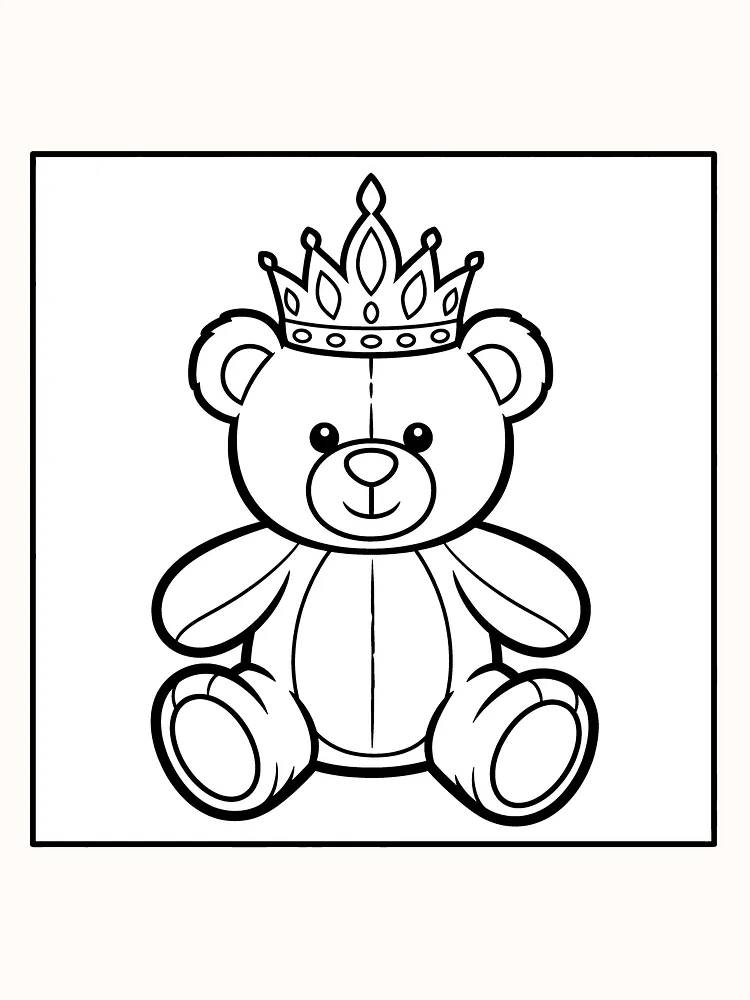 Ausmalbild eines Teddybären mit Krone, bereit zum Ausmalen