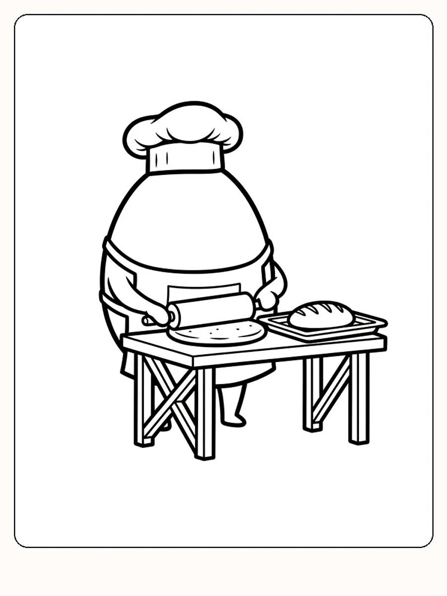 Tegning til farvelægning af en bager, der ruller dej ud ved et bord med brød, klar til print
