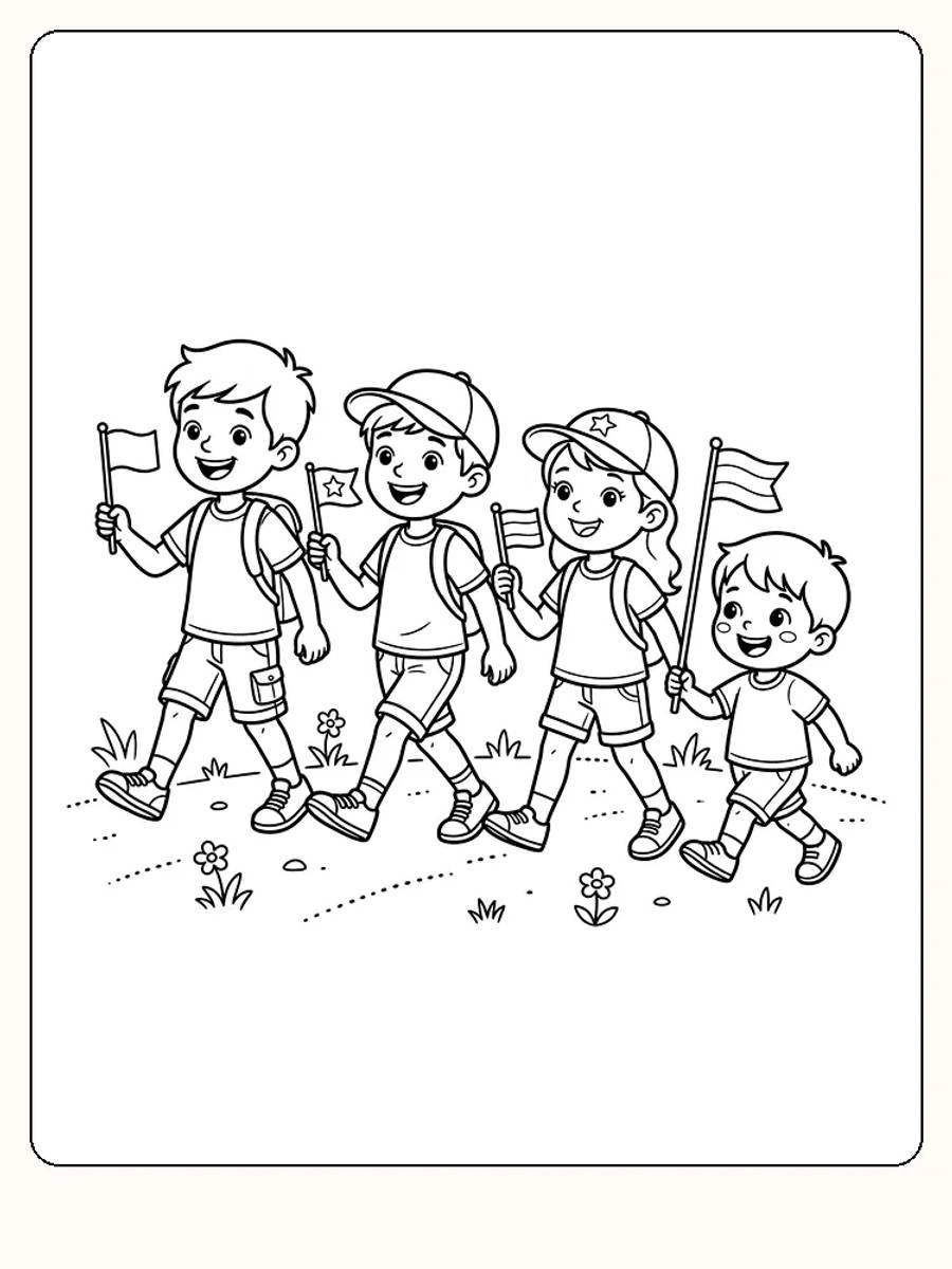 Quatre enfants souriants marchent en rang dans le défilé d'enfants de la fête nationale, le 17 mai, chacun avec un drapeau, sur un chemin d'herbe