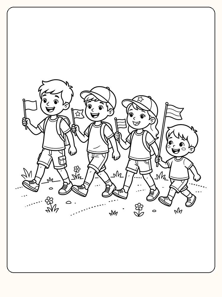 Quatre enfants souriants marchent en rang dans le défilé d'enfants de la fête nationale, le 17 mai, chacun avec un drapeau, sur un chemin d'herbe