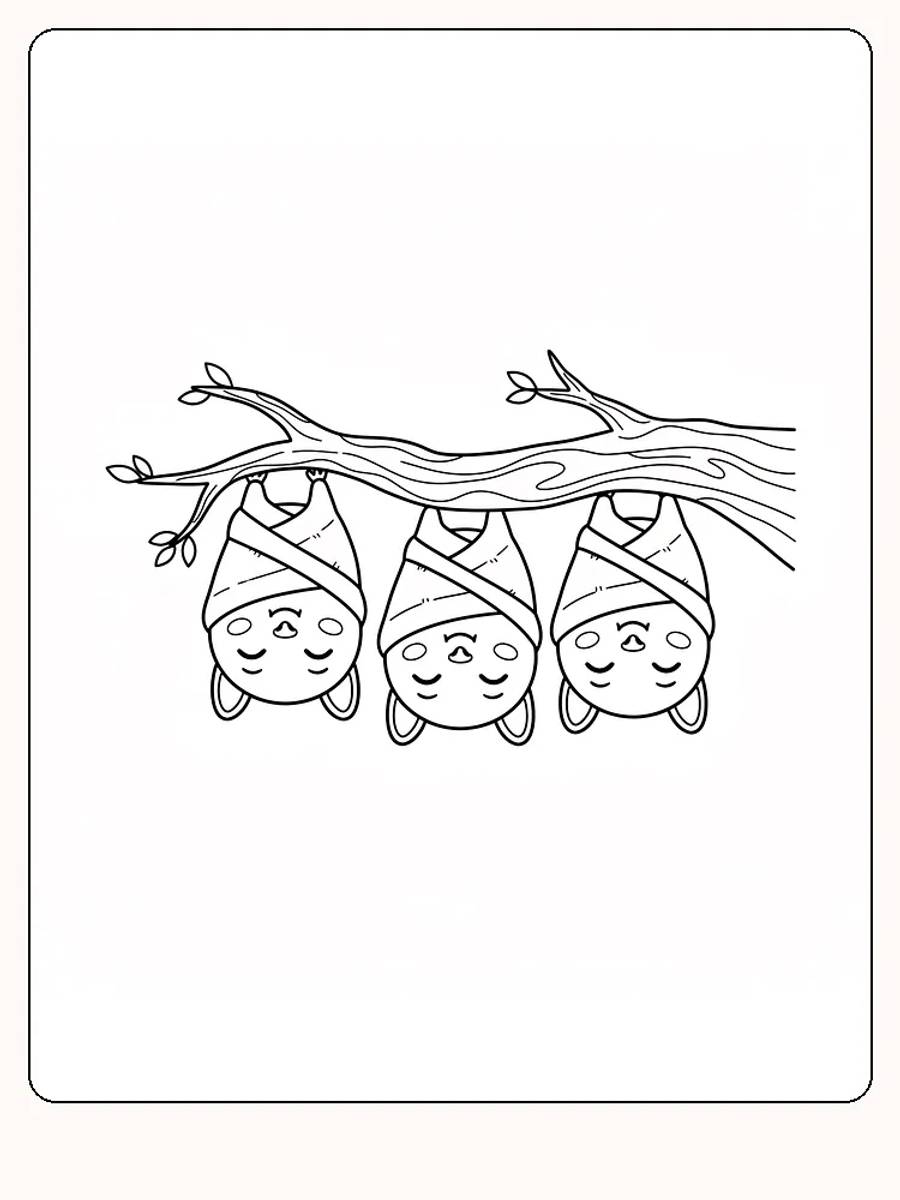 Tegning til farvelægning af tre flagermus, der hænger fra en gren, klar til print